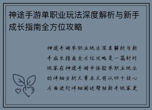 神途手游单职业玩法深度解析与新手成长指南全方位攻略